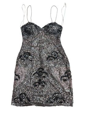 Aidan Mattox silver silk mini dress .